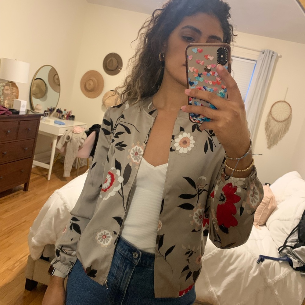 Loft gray satin floral bomber jacket